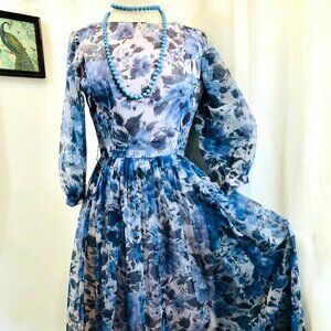 Vintage 1950s Sheer Blue Floral Dress with Full Skirt